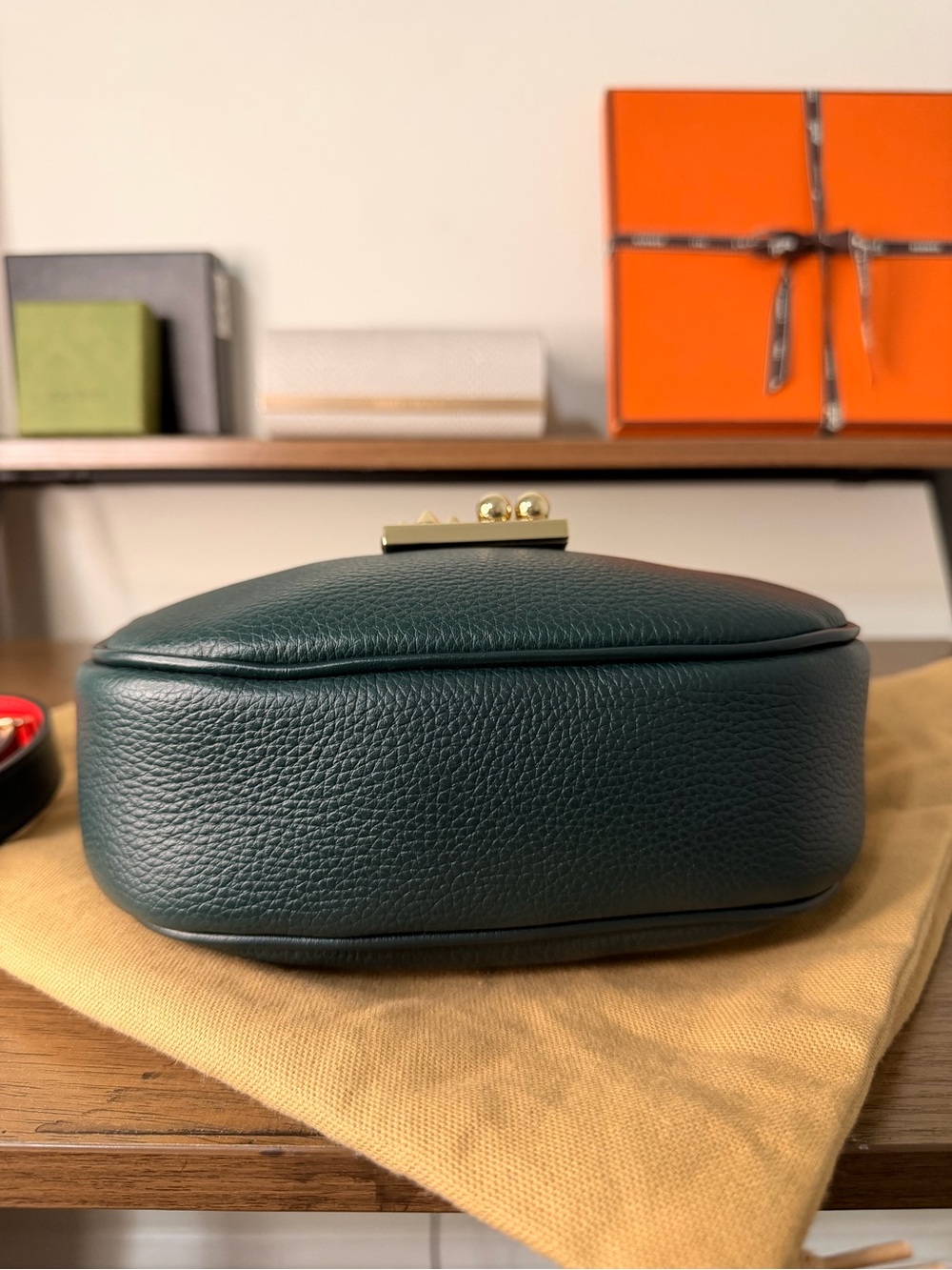 AUTHENTIC - Louboutin Small Leather Carasky in Dark Forest Green/Red - Picture 7 of 16
